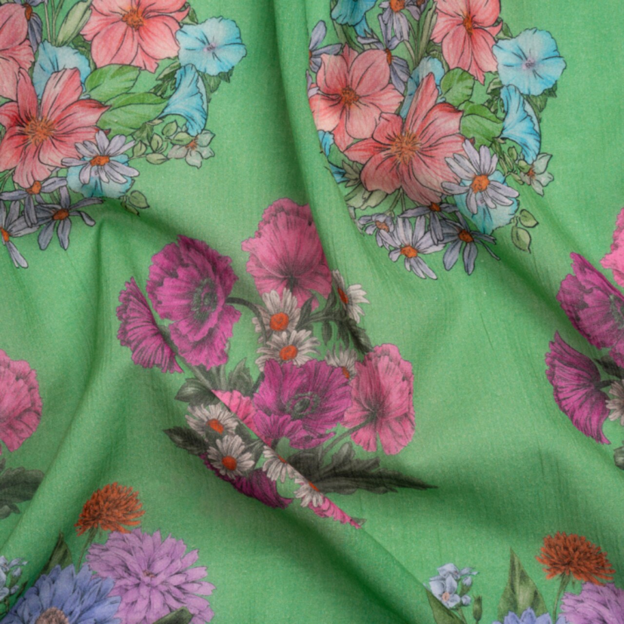 1 Yard Crinkled Cotton Gauzy Green and Pink Floral Bunches Fabric